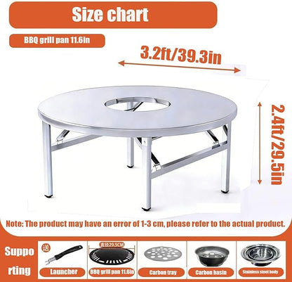 Embedded Stainless Steel Korean Charcoal BBQ Grill Foldable Outdoor Table, Outdoor Barbecue and hot Pot Easy Clean Multifunctional Design Patio Family Party & Restaurant,Circle 3.2ft