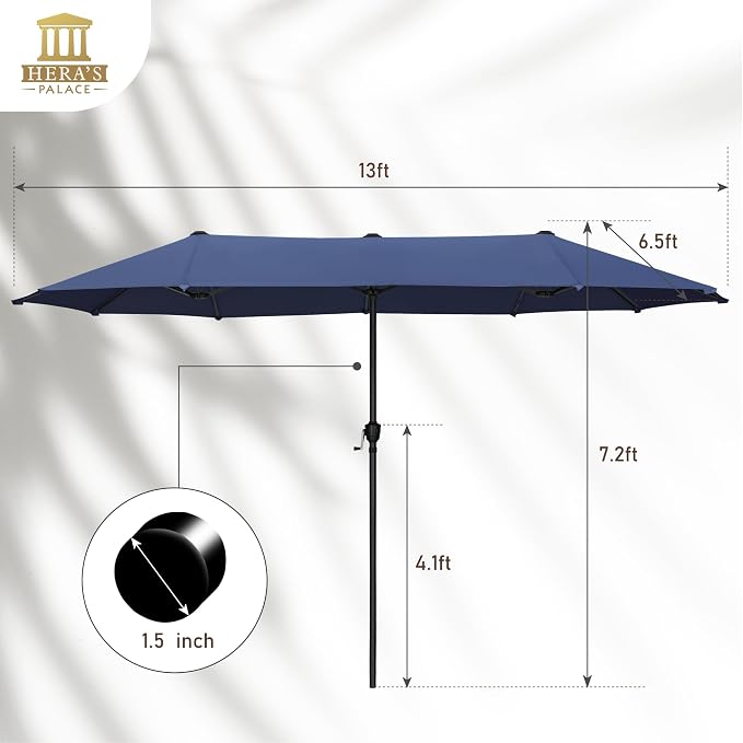 HERA'S PALACE 13 ft Large Patio Umbrella, Double-Sided Twin, Outdoor Market Umbrella with Crank Handle, Powerful UV Protective, Navy Blue