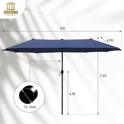 HERA'S PALACE 13 ft Large Patio Umbrella, Double-Sided Twin, Outdoor Market Umbrella with Crank Handle, Powerful UV Protective, Navy Blue