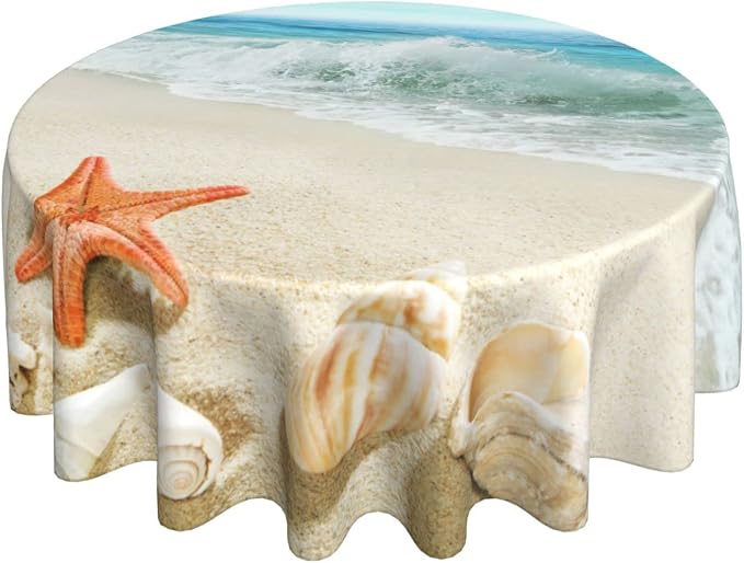 Sweetshow Summer Beach Tablecloth Round 60 Inch Waterproof Polyester Washable Circle Sand Starfish Ocean Waves Table Cover Table Cloth for Kitchen Dining Room Indoor Outdoor Picnic Patio Party