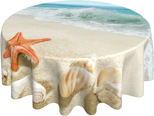 Sweetshow Summer Beach Tablecloth Round 60 Inch Waterproof Polyester Washable Circle Sand Starfish Ocean Waves Table Cover Table Cloth for Kitchen Dining Room Indoor Outdoor Picnic Patio Party