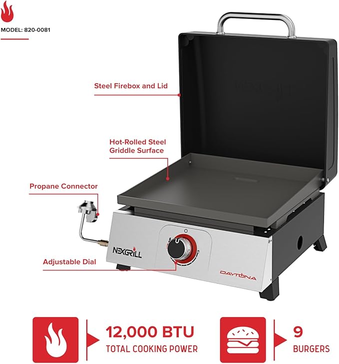 Nexgrill Daytona 1-Burner Portable Gas Griddle with Built-In Lid, 12,000 BTUs, 271 SQ In Cooking Space, Small Tabletop Propane Griddle for Outdoor Cooking, Camping, BBQs, and Parties - 820-0081