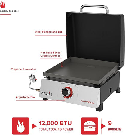 Nexgrill Daytona 1-Burner Portable Gas Griddle with Built-In Lid, 12,000 BTUs, 271 SQ In Cooking Space, Small Tabletop Propane Griddle for Outdoor Cooking, Camping, BBQs, and Parties - 820-0081