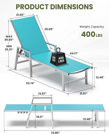 Patio Chaise Lounge Chair Outdoor Set of 2 with Wheels&Armrests, Aluminum Pool Lounge Chairs Five-Position Adjustable Recliner, Outdoor Beach Lounge Chairs for Poolside, Patio, Deck, Yard, Lake Blue