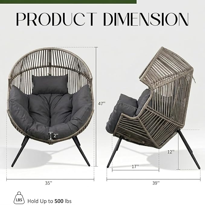 Shintenchi Oversized Outdoor Wicker Egg Chair Set of 2, Patio Lounge Chair Basket Seat with Thick Cushion, All Weather Indoor Outdoor Porch Rockers for Balcony, Living Room, Lawn Garden