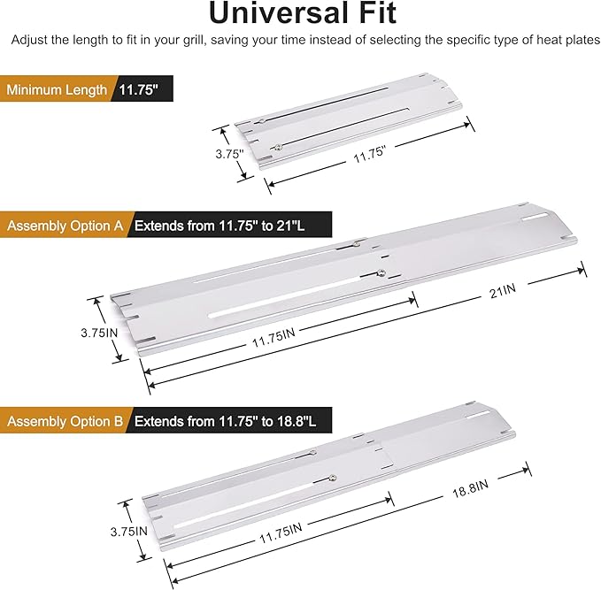 Criditpid Universal Replacement Stainless Steel Heat Plate, Heat Tent, Flavorizer Bar, Burner Cover, Flame Tamer for Brinkmann, Charbroil, Nexgrill, Backyard, Extends from 11.75" up to 21" L, 5-Pack