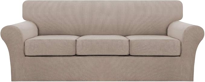 Turquoize 4 Piece Sofa Covers for 3 Cushion Couch Sofa Slipcover Soft Couch Cover for Dogs Washable Furniture Cover with 3 Individual Large Cushion Covers Feature Fabric (Large Sofa, Sand)