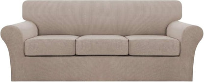 Turquoize 4 Piece Sofa Covers for 3 Cushion Couch Sofa Slipcover Soft Couch Cover for Dogs Washable Furniture Cover with 3 Individual Large Cushion Covers Feature Fabric (Large Sofa, Sand)