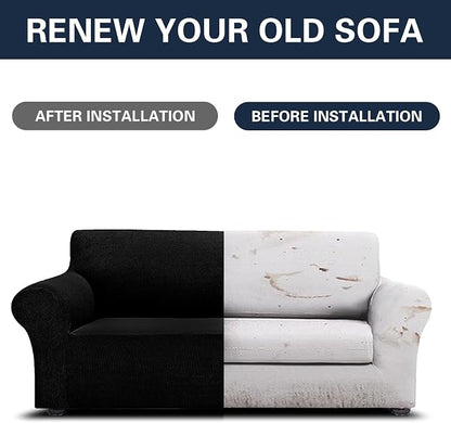 Cupuamon 2026 New Stretch Sofa Slipcovers Couch Cover for 3 Cushion Furniture Protector Sofa Covers with Elastic Bottom Jacquard Fabric Small Checks for Pets, Kids -Sofa, Black