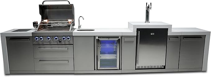 Mont Alpi 168"W Stainless Steel Deluxe Modular Outdoor Kitchen Island with Refrigerator Faucet & Sink + 3 Tap Kegerator Beer Dispenser + 32"W 4-Burner BBQ Grill + Granite Countertops + Storage + Cover