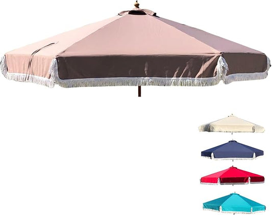 FORMOSA 9ft 6 Rib Market Premium Patio Umbrella Replacement Canopy - 300D UV Protective and Water Resistant Patio Canopy - Umbrella Replacement Cover (CANOPY ONLY) (Taupe Fringe)