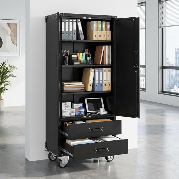 71" Heavy-Duty Metal File Cabinet with Lockable Drawers & Doors, Adjustable Shelves for Letter/Legal/F4/A4 Size, Easy Assembly for Home Office Garage Storage Cabinet, Black