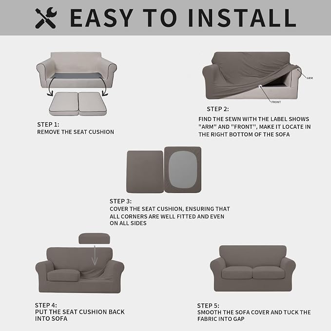 ISSUNTEX 3 Pieces High Stretch Thicken Loveseat Couch Covers, Soft Sofa Slipcover for 2 Separate Cushion Couch, Jacquard Fabric Elastic Sofa Cover Furniture Protector for Dogs (Loveseat, Taupe)
