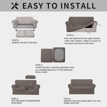 ISSUNTEX 3 Pieces High Stretch Thicken Loveseat Couch Covers, Soft Sofa Slipcover for 2 Separate Cushion Couch, Jacquard Fabric Elastic Sofa Cover Furniture Protector for Dogs (Loveseat, Taupe)