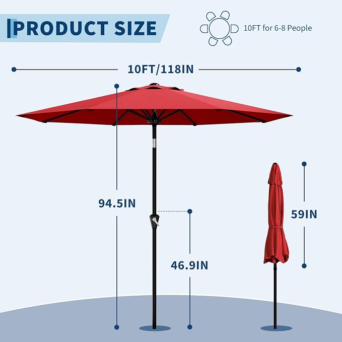 GarveeLife 10FT Umbrella Outdoor Patio, Pool Umbrella with Push Button Tilt and Crank, 8 Sturdy Ribs Waterproof UV Protection for Garden, Table, Backyard, Market | Table Umbrella Waterproof UV Protection for Garden, Pool, Deck, Backyard, Market (Red)