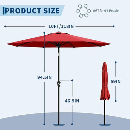 GarveeLife 10FT Umbrella Outdoor Patio, Pool Umbrella with Push Button Tilt and Crank, 8 Sturdy Ribs Waterproof UV Protection for Garden, Table, Backyard, Market | Table Umbrella Waterproof UV Protection for Garden, Pool, Deck, Backyard, Market (Red)