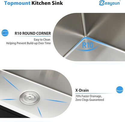 24 Inch Drop in Kitchen Sink 24x18 Drop in Kitchen Sink 16 Gague Topmount Stainless Steel Single Bowl Handmade Sinks Large Deep Basin 24"x18"x9"