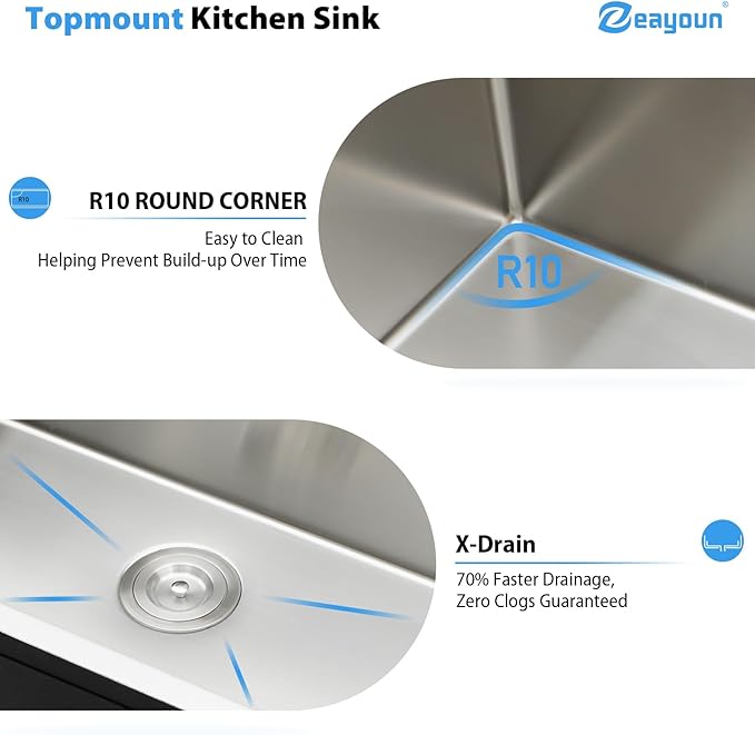 25 Inch Drop in Kitchen Sink 25x22 Drop in Kitchen Sink 16 Gague Topmount Stainless Steel Single Bowl Handmade Sinks Large Deep Basin 25"x22"x9"