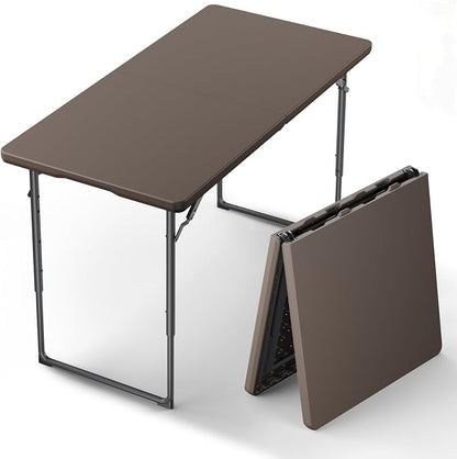 Folding Table, 4FT Foldable Picnic Table with Adjustable Height, Heavy Duty Fold-in-Half Portable Table for Weddings, Camping, RV Travel, Parties, BBQs, and Indoor Use, Easy to Fold and Store, Brown