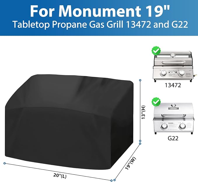 Tabletop Grill Cover for Monument 20" Propane Grill, Heavy Duty 600D | Fits Monument 13472 & G22 2-Burner Portable Propane Grills, Outdoor Waterproof 20" Tabletop Small Grill Cover