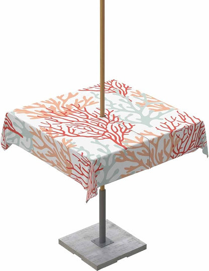 Red Orange Grey Coral Coastal Outdoor Tablecloth - 54x54 Inch Square Waterproof Dining Table Cover, Summer Beach Seaside Nautical Outdoor Table Cloth with Umbrella Hole & Zipper for Patio