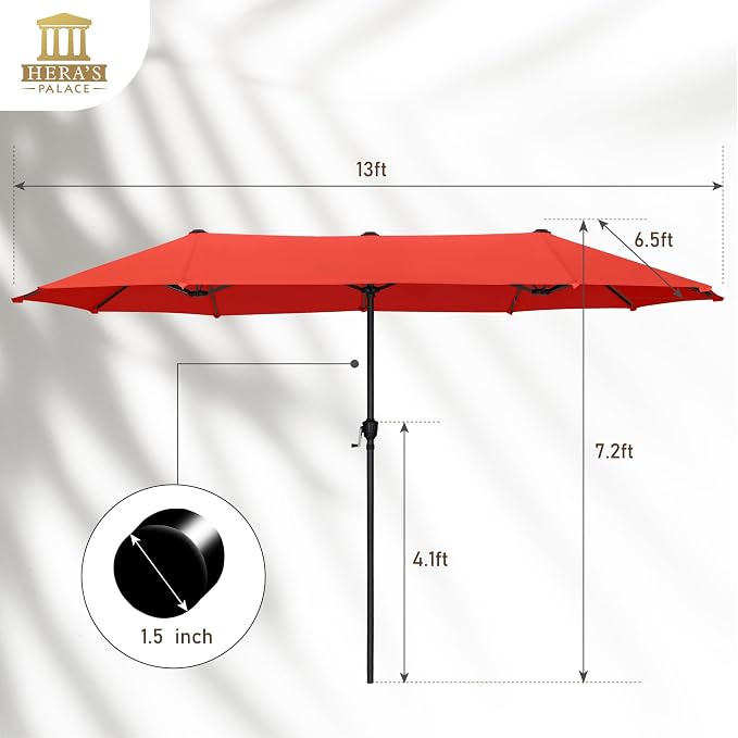 13 ft Large Double-Sided Patio Umbrella, Outdoor Umbrella, Orange Red | HERA'S PALACE Rectangular Umbrella, Market Umbrella with Crank Handle, Powerful UV Protective for Beach Pool Garden Backyard