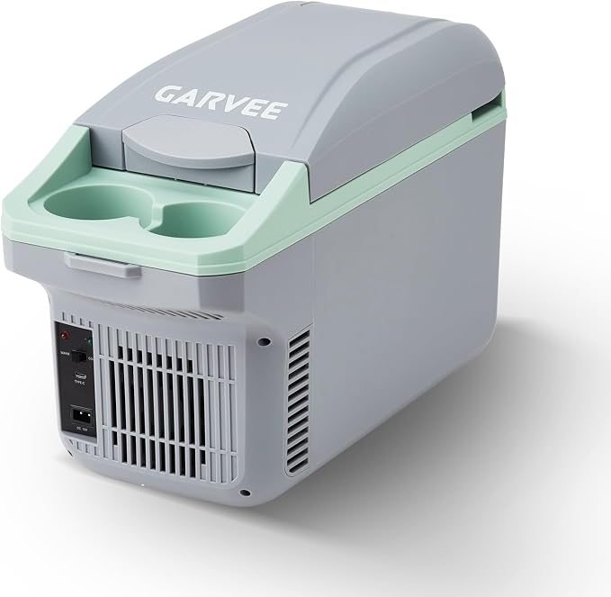 Garvee 8L Electric Cooler & Warmer, Portable Car Refrigerator with Auto-Lock Handle, 12V DC for Cars & Trucks, Equipped with 110V AC Household Power Cord, Plug-in Cooling Fridge, Gray&Green