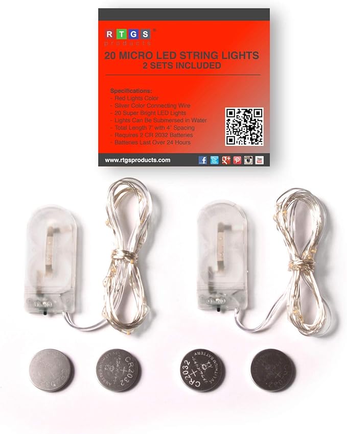 2-Pack 20 LED Wire Twinkle Fairy Lights, Battery Powered, Waterproof — Christmas, Holidays, Wedding, Party — Bedroom, Living Room — 6.5 Ft, Red, Indoor & Outdoor