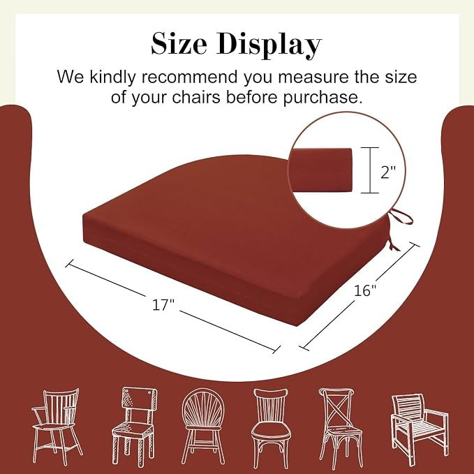 Cozyide Outdoor Chair Cushions, Waterproof Patio Seat Cushions with Adjustable Straps, Round Corner Patio Chair Cushions for Garden, Brick Red, 17x16x2 Inch (Pack of 4)
