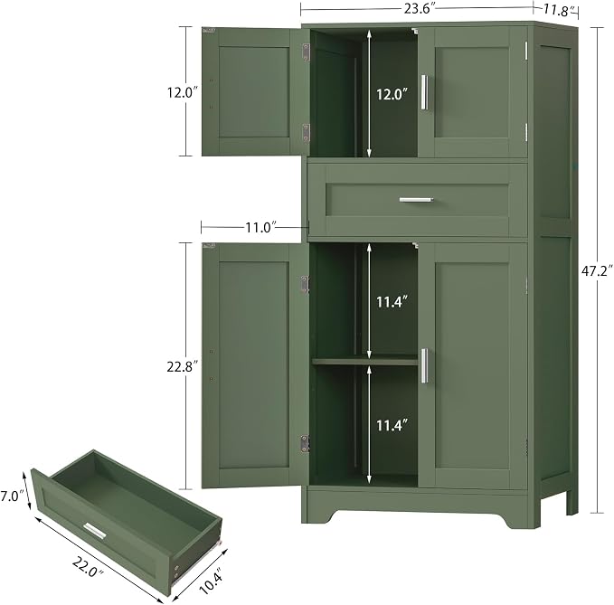 Bathroom Floor Storage Cabinet with Adjustable Shelf, Freestanding Storage Cabinet with 4 Doors, Cupboard for Living Room, Home Office, Entryway, Forest Green