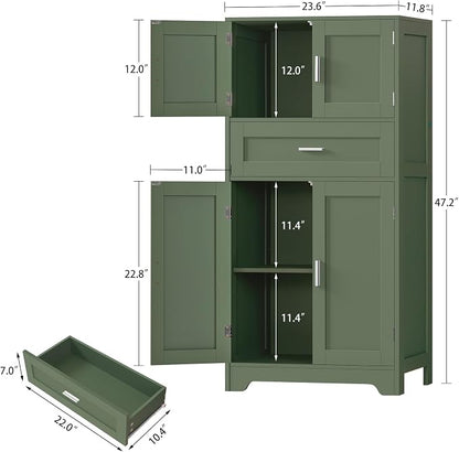 Bathroom Floor Storage Cabinet with Adjustable Shelf, Freestanding Storage Cabinet with 4 Doors, Cupboard for Living Room, Home Office, Entryway, Forest Green