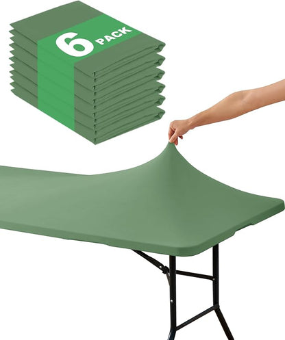 Fitted Tablecloth Rectangle Table Cloths with Elastic, 6 ft, Sage, 6 Pack | For Outdoor Picnic Camping Party 6 foot Folding Spandex Table Covers, Water-Resistant, Windproof, Reusable, 72"L x 30"W