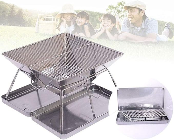 Portable BBQ Grill Folding Stainless Steel Griddle Barbecue Charcoal Grill Smoker Barbecue with Chrome Plated Cooking Grid for Table Camping Outdoor Garden Grill BBQ Utensil