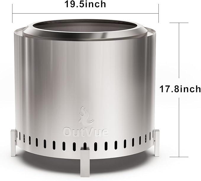 OutVue 19.5 inch Stainless Steel Smokeless Fire Pit, Outdoor Smokeless Firepit, Wood Burning Fire Pits for Camping, Bonfire, Low Smoke Firepit for Outside