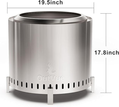OutVue 19.5 inch Stainless Steel Smokeless Fire Pit, Outdoor Smokeless Firepit, Wood Burning Fire Pits for Camping, Bonfire, Low Smoke Firepit for Outside