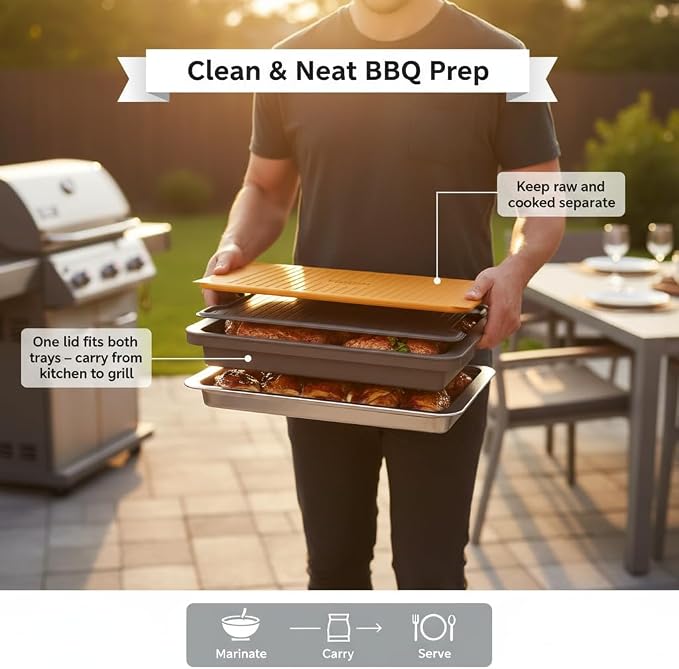 5-Piece BBQ Prep and Serve Set with Marinade Tray | Stainless serving tray, aluminum defrost board, cutting board, snap-on lid, marinade tray.