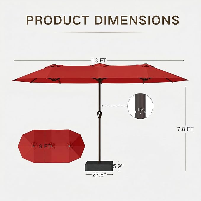 Kingdura 13ft Large Patio Umbrella with Base Included, Double-Sided Rectangle Outdoor Table Umbrella with 12 Reinforced Ribs, Crank Lift for Market Pool Deck Backyard, Red