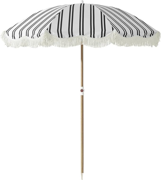 6FT Striped Fringe Beach Umbrella, Sand Anchor, UPF 50+ Sun Shade | Adjustable Tilt & Portable Design, Coastal Umbrella for Beach & Patio, Heritage Black Stripe