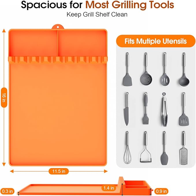 Silicone Grill Mats Compatible with Blackstone, Spatula Tools Mat with Drip Pad, Griddle Mats BBQ Grill Accessories, Side Shelf Pad for Kitchen Counter Outdoor Grill, Easy Clean, Orange