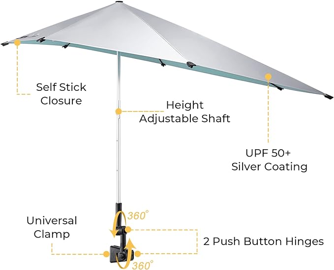 G4Free UPF 50+ Height Adjustable Beach Chair Umbrella with Universal Clamp | UV protection Chair Umbrella for Beach Chair, Golf Cart, Wheelchair, Stroller, Bleacher, Outdoor Patio, silver coating fabric