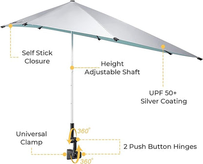 G4Free UPF 50+ Height Adjustable Beach Chair Umbrella with Universal Clamp | UV protection Chair Umbrella for Beach Chair, Golf Cart, Wheelchair, Stroller, Bleacher, Outdoor Patio, silver coating fabric