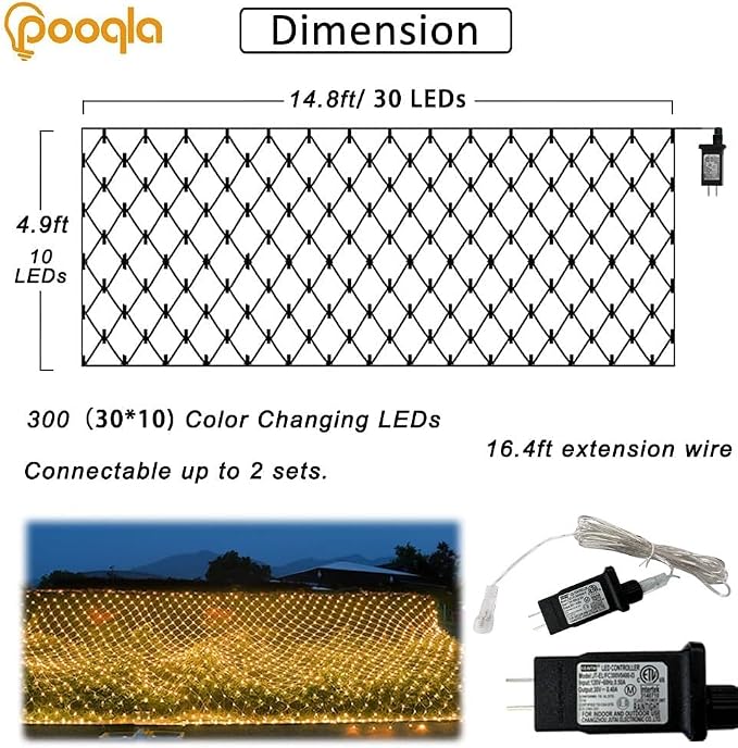 Pooqla Warm White Net Lights, 15x 5ft Christmas Lights Outdoor Clear Wire | 300 LED Large Net Mesh Lights Plug in, 8 Modes Waterproof Connectable Bushes Lights for Christmas Hedge Yard Decor