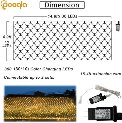Pooqla Warm White Net Lights, 15x 5ft Christmas Lights Outdoor Clear Wire | 300 LED Large Net Mesh Lights Plug in, 8 Modes Waterproof Connectable Bushes Lights for Christmas Hedge Yard Decor