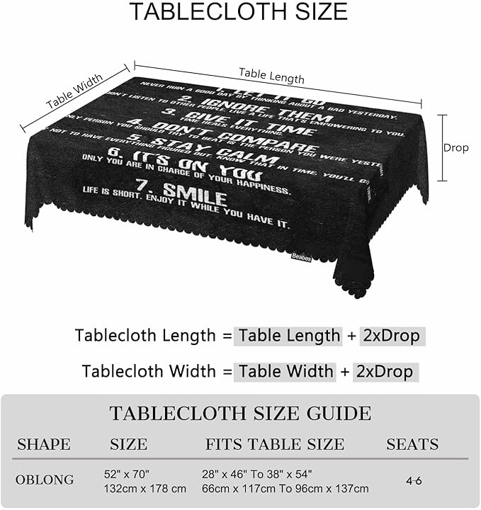 Rectangle Tablecloth 52x70 Inch Inspirational Quote, 7 Rules of Life Phrase Dining Table Cloth Table Cover for Home Kitchen Restaurant Party Buffet Picnic, 4-6 Seats