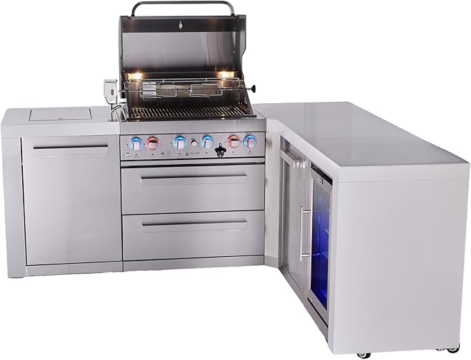 Mont Alpi Deluxe 82"W x 75"D x 46"H Stainless Steel L-shaped Modular Outdoor Kitchen Island with Refrigerator + 32"W 4-Burner BBQ Grill + Granite Countertops + Storage Cabinets + Rotisserie + Cover
