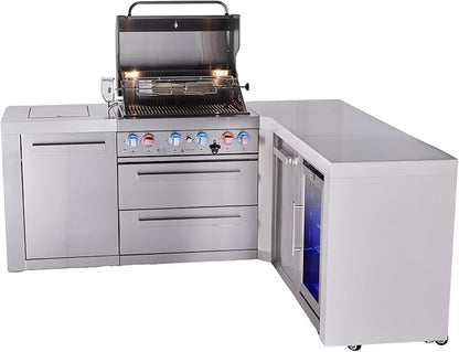 Mont Alpi Deluxe 82"W x 75"D x 46"H Stainless Steel L-shaped Modular Outdoor Kitchen Island with Refrigerator + 32"W 4-Burner BBQ Grill + Granite Countertops + Storage Cabinets + Rotisserie + Cover