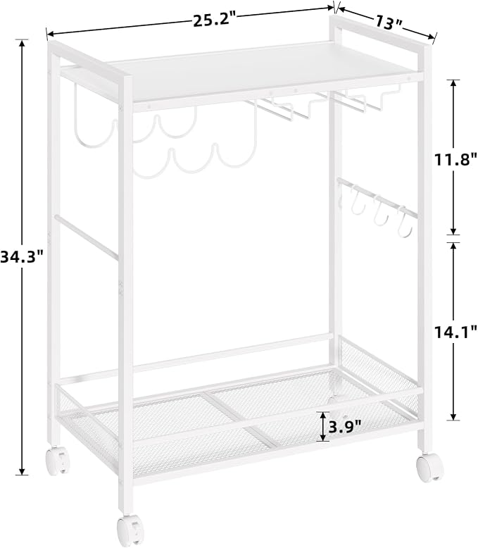 Joaxswe Bar Cart,2-Tier Home Bar Serving Cart with Lockable Wheels,White | Microwave Cart,Mobile Kitchen Shelf,Rolling Beverage Cart with Wine Rack and Glass Holder for Kitchen,Dinning Room