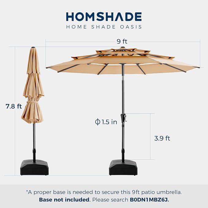 9FT 3-Tier Patio Umbrella, Vented Outdoor Market Table Umbrella | 5-year fade resistant commercial canopy with UPF50+ UV protection. Push button tilt & crank for pool, backyard, deck shade