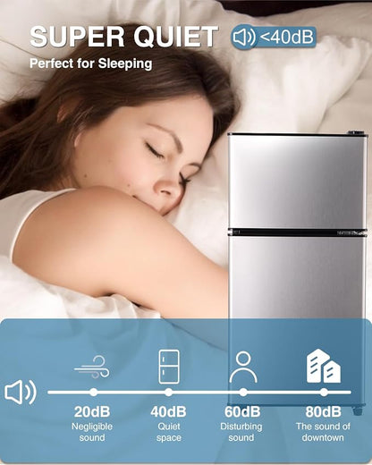 Dorm Fridge with Freezer, Small Refrigerator 3.5 Cu. Ft. 7-Level | Mini Fridge with Freezer for Apartment, 7 Temperature Adjustable Apartment Size Fridge for Kichen, College, RV, Silver