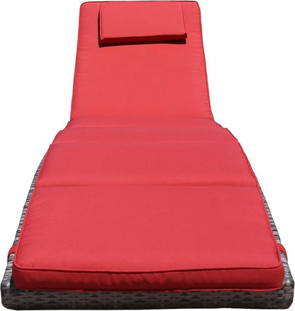 BTEXPERT Foldable Outdoor Chaise Pool Lounge Chair Folding Wicker Rattan Sun Bed Patio Couch Reclining Lounger Adjustable Padded Backrest Pillow Assembled - Red Burgundy